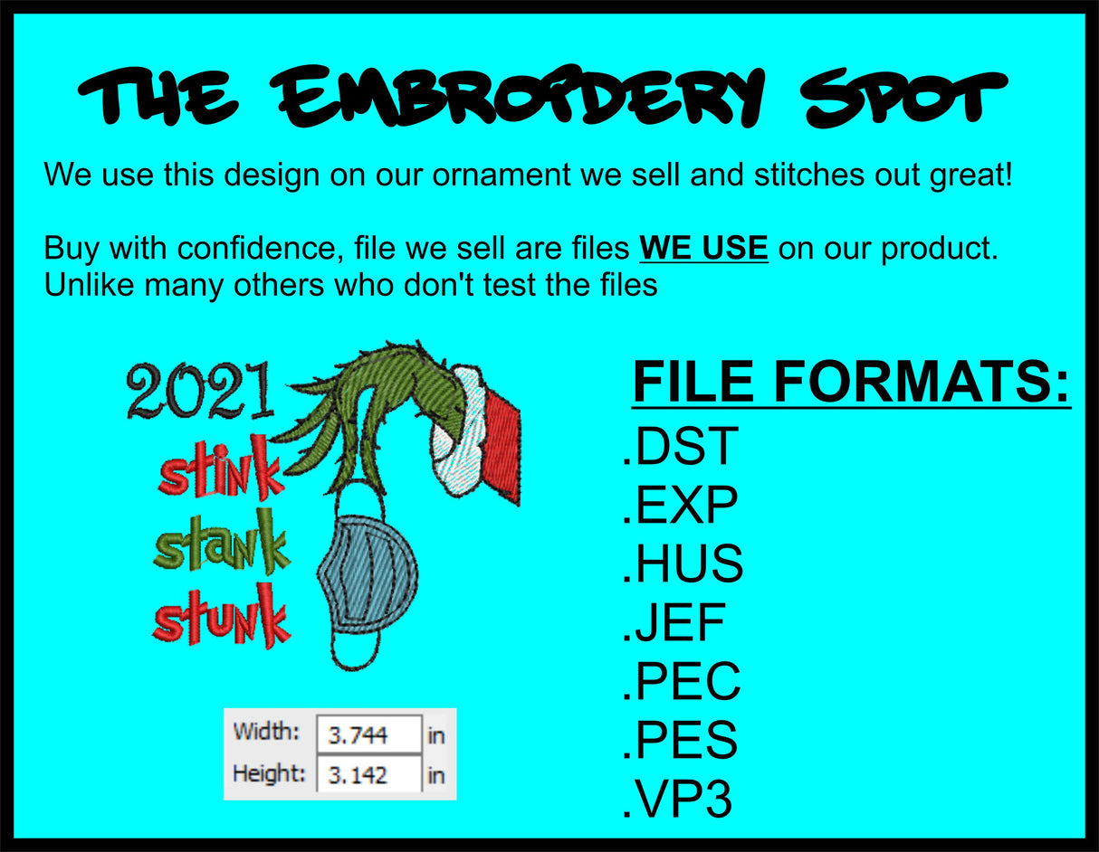 2021 Grinch Stink Stank Stunk Machine Embroidery Design Files | Instant Download | 7 format files