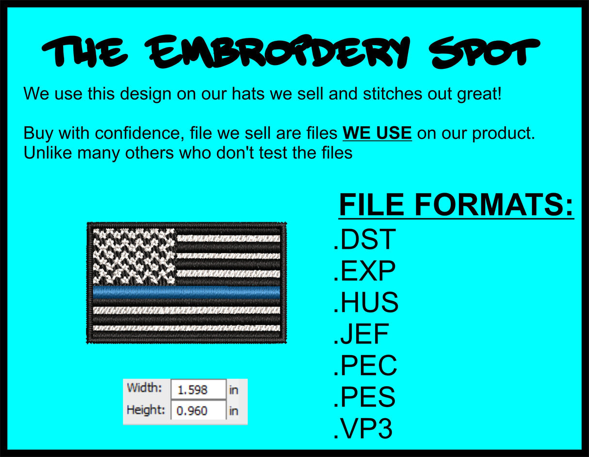 Hat Thin Blue Line US Flag Rear or Side Machine Embroidery Design | Instant Download | 7 format files