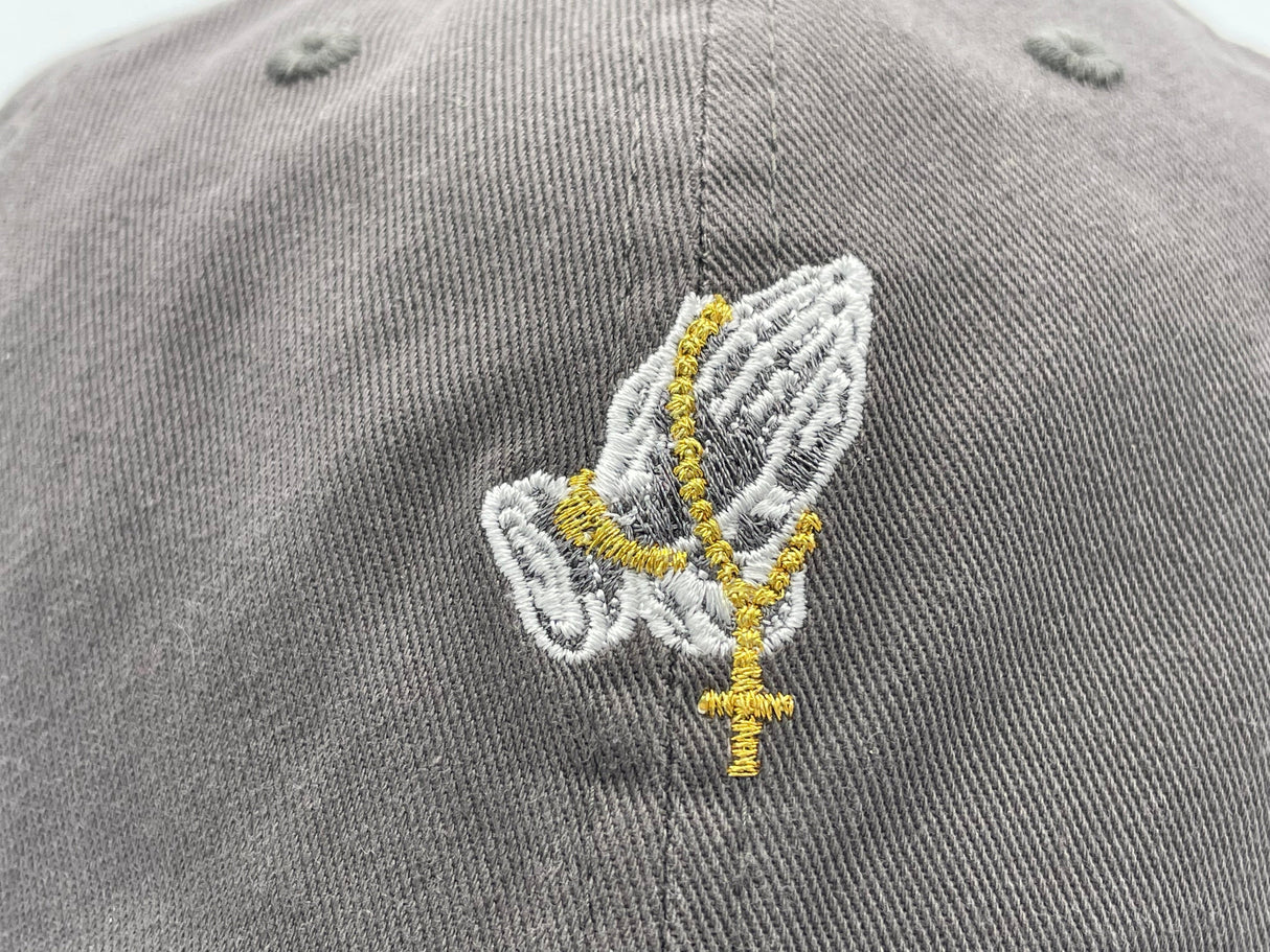 Embroidered Praying Hands with Rosery on Distress Hat