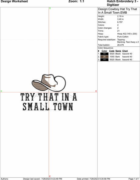 Try That In a Small Town  Cowboy Machine Embroidery Design | Instant Download |  7 format files