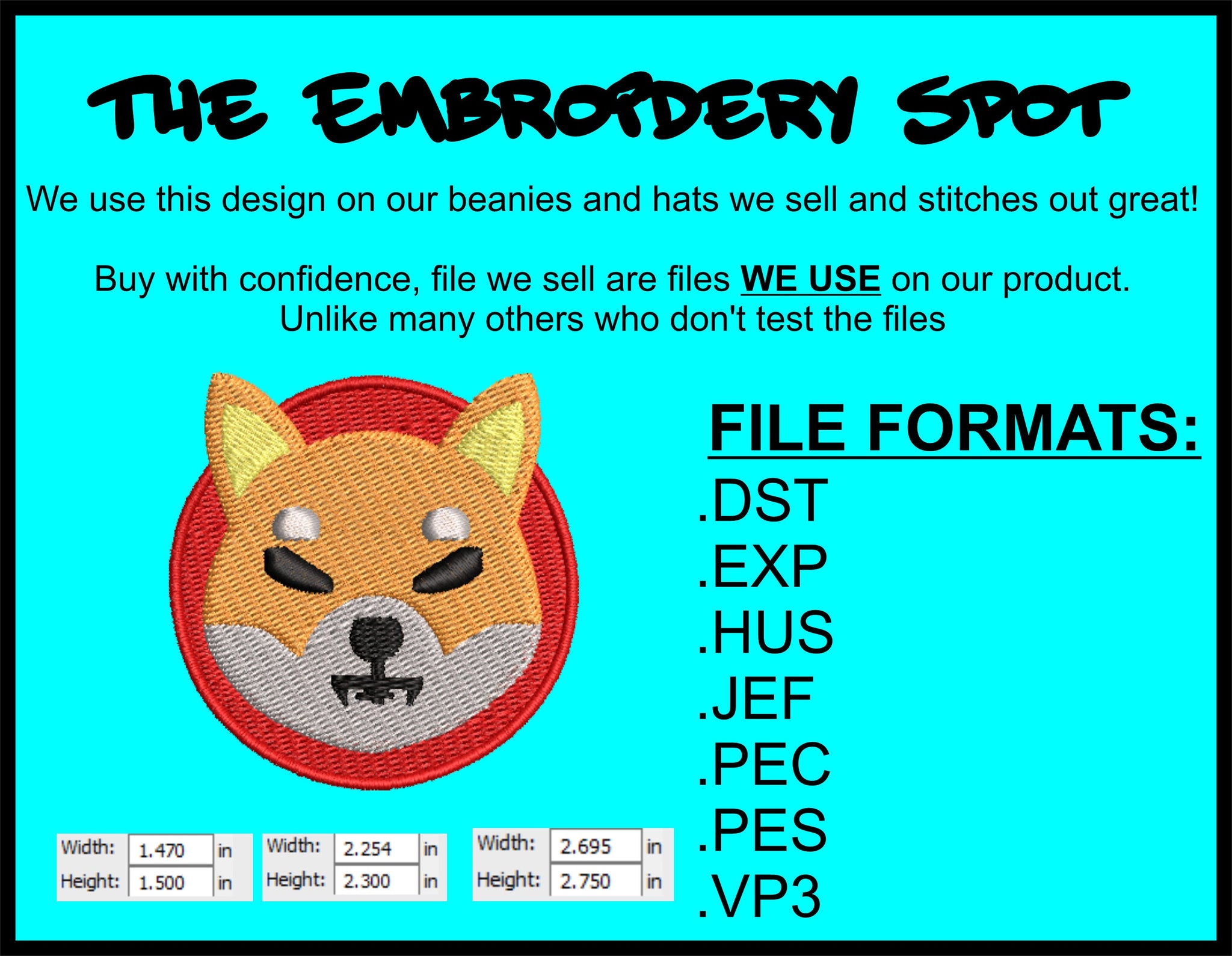 SHIB INU Machine Embroidery Design Files | Instant Download | 7 format files 3 sizes
