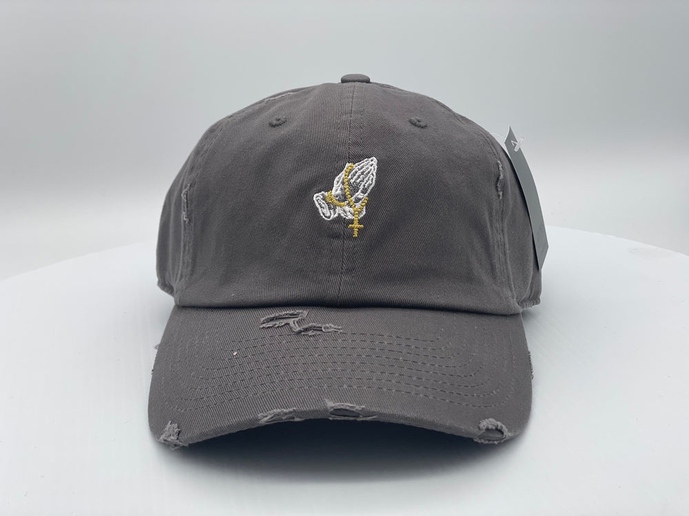 Embroidered Praying Hands with Rosery on Distress Hat