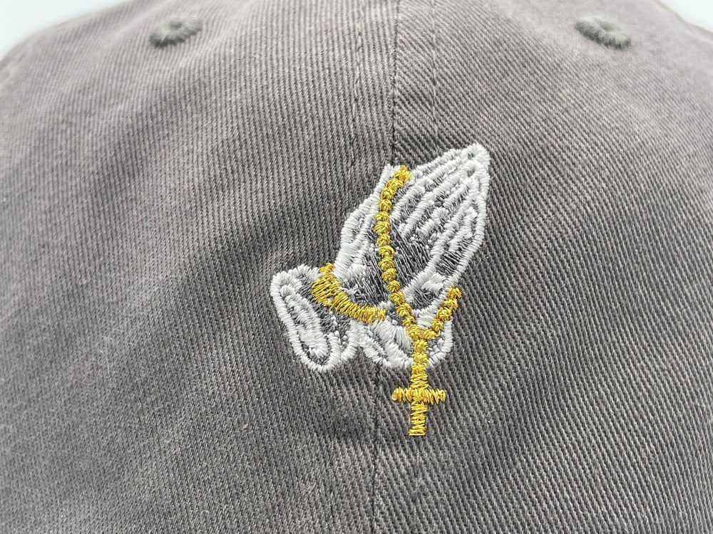 Embroidered Praying Hands with Rosery on Distress Hat