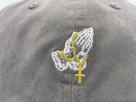 Embroidered Praying Hands with Rosery on Distress Hat